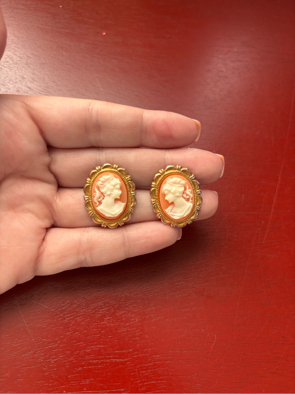 Classic Cameo Earrings in Peach and Gold